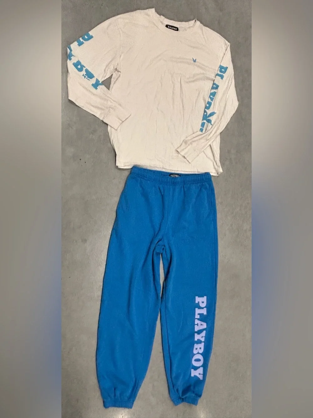 Playboy PacSun Y2K Matching 2PC Set Blue Joggers White L/S Shirt Spellout SZ.L